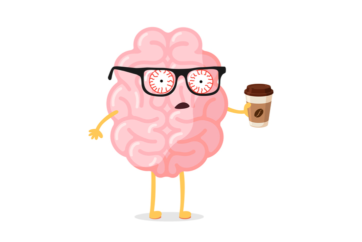 Tired fatigue bad emotion cute cartoon human brain character with hot coffee cup. Central nervous system organ wake up bad monday morning funny concept. Vector illustration